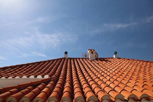 A tiled rooftop and a chimney of a house against a blue sky on a sunny day